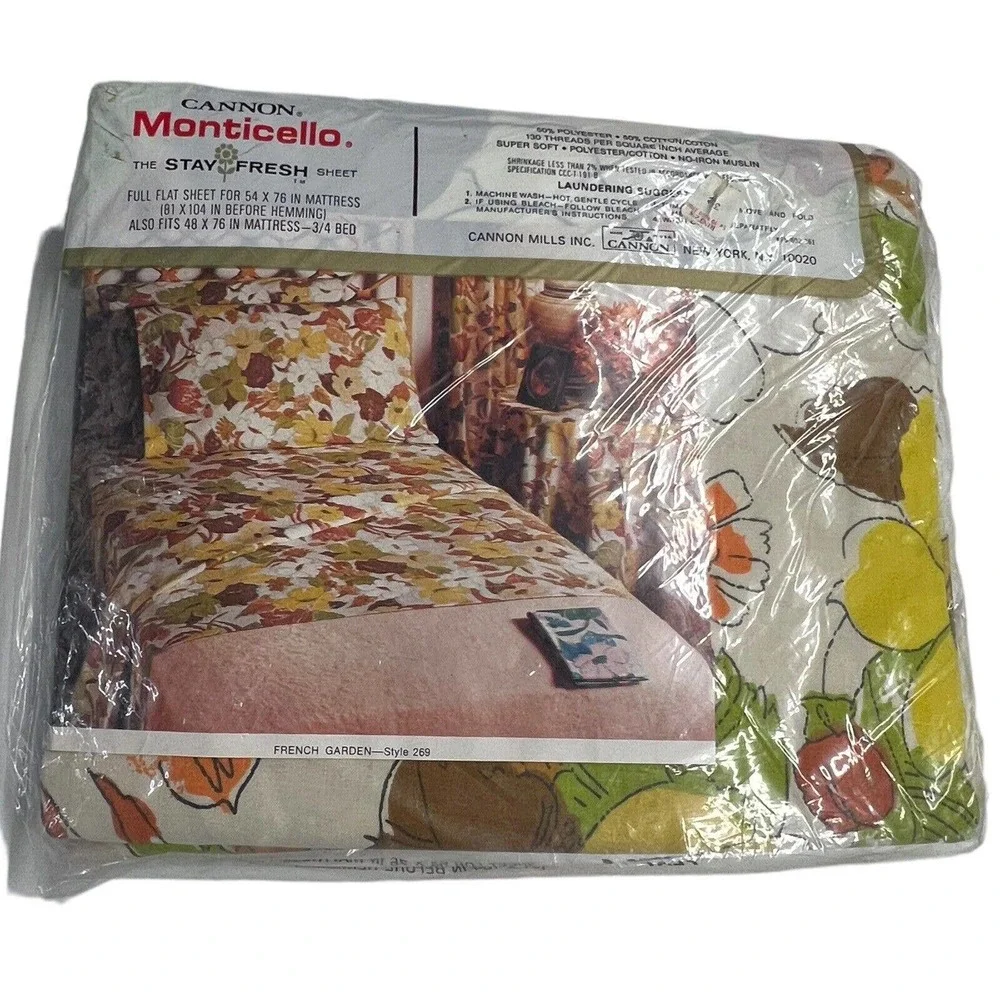 New Cannon Monticello French Garden Full Flat Sheet‎ No-Iron Muslin Floral
